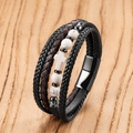 Macro shot of multilayer leather bracelet with stone beads and a white cross charm - White Marble Style (Style-G)