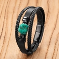 Men's bohemian multilayer braided leather bracelet with turquoise stone on wood backdrop - Freeform Turquoise Color Stone Style