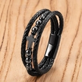 Detailed macro view of black braided leather multi-layer bracelet with metallic cross - All Black Polished Cross (Style-H)