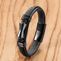 Detail of black braided leather bracelet with central metal bowtie clasp on wood surface - Black Bow-tie Shape Black Clasp Style