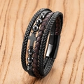 Detail view of multi-layer leather braid bracelet with polished beads and cross charm - Black Lava Stone Style (Style-H)
