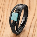 Detail of multi-layer black braided leather bracelet with turquoise stone and magnetic clasp - Square Blue-Green Stone Style