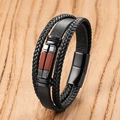Detalle de pulsera multicapa de cuero negro trenzado con piedra roja y cierre imantado - 19cm / Ojo de Tigre Rojo Estilo Texturizado (Estilo C)