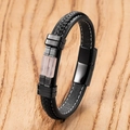 Detail van herenarmband van zwart gevlochten leer met magneetsluiting en roze steen - Roze Steen (Stijl-I)