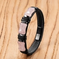 Pulsera clásica de cuero negro para hombre con cierre magnético y cuentas de piedra rosa - 19cm / Piedra Rosa (Estilo-A)