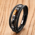 Herren Armband aus dreilagigem Leder mit Tigerauge-Steinen und schwarzem Magnetverschluss - 19cm / Braungold Tigerauge (Stil-B)
