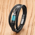 Macro view of multi-layer leather braid bracelet with blue stone and magnetic clasp - Sky Blue Turquoise Style (Style-G)