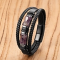 Primer plano de pulsera multicapa para hombre en cuero con amatista y cierre magnético - 19cm / Estilo Amatista Púrpura