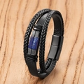 Detail of men's multilayer braided leather bracelet with blue stones and metal magnetic clasp - Dark Blue Lapis Lazuli Style (Style-H)