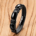 Pulsera para hombre de cuero negro con cierre magnético y cuentas de piedra pulida - 19cm / Cuenta Negra (Estilo-D)