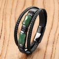 Pulsera multicapa para hombre de cuero trenzado con piedra verde y cierre magnético de acero - 19cm / Estilo Aventurina Verde