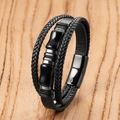 Pulsera multicapa para hombre en cuero trenzado con cierre magnético negro sobre madera - 19cm / Estilo Piedra Geométrica Negra