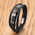Detail of multi-layer men's leather bracelet with woven rope and magnetic steel buckle - Black Lava Stone Texture Style (Style-K)