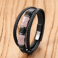 Bracelet multicouche en cuir tressé pour homme avec pierre rose et fermoir magnétique - Style Quartz Rose