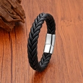 Pulsera de cuero trenzado negro hecha a mano con cierre magnético de acero plateado - Cuero Negro Cierre Plateado / 19cm