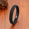 Pulsera artesanal de cuero trenzado negro con un cierre magnético de acero inoxidable pulido - Cuero Negro Cierre Negro / 19cm