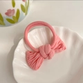 Pink ribbon bow hair tie with ribbed knit texture and thick high elastic band - Pink