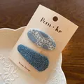 Blue floral embroidery hair clips and denim textured hair accessories set for kids - Lace and Solid Triangle Style