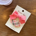 Pink fabric bow and plaid patterned hair clip set for girls on card display - Large Bow And Plaid Oval Style