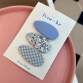 Three-piece Korean floral fabric hair clip set in navy blue, floral, and plaid patterns - Blue Floral