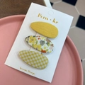 Floral and checkered fabric hair clips set in yellow and white for girls - Yellow Floral