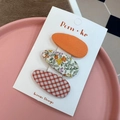 3-piece floral and checkered fabric hair clips set in sweet orange and pink colors - Orange Floral