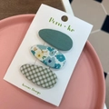 Floral fabric hair clips set in dark green, blue-yellow flower and green-white plaid - Green Floral