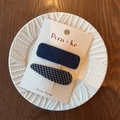 Navy tweed and black-white checkered hair clip set on beige display card in a ceramic dish - Navy Blue Plaid