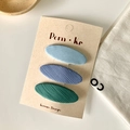 Set de 3 horquillas ovaladas de tela en colores azul claro, lila y verde oscuro - Serie Azul