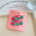 Set of 4 cute V-shaped hair clips in bright green and rose pink with round bead decor - Beaded Design / Mint Green and Rose Red (Round Beads)