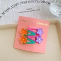 Cute Korean floral hair clips set in pink and turquoise colors on display card - Mint Green and Rose Red (Flowers)