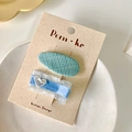 Green checkered hair clip set with blue lace ribbon and sequin heart for girls - Blue