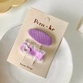 Set of two purple checkered and lace fabric hair clips with heart embroidery - Purple