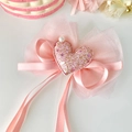 Fermaglio per capelli con fiocco rosa, strati di rete, cuore e perla per bambine - Stile Fiocco a Cuore Rosa