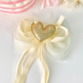 Fermaglio per capelli a fiocco in chiffon crema con cuore glitterato e perla - Stile Fiocco Cuore Giallo