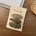 Three-piece Korean plaid fabric BB hair clip set with brown woven and houndstooth patterns - Green Pleated Style