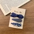 Set di 3 fermagli per capelli blu scuro con fiocco floreale e a quadretti - Blu scuro