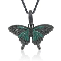 Hip hop vlinder hanger ketting met zwarte en groene stenen aan een zwarte touwketting - Donkergroen