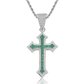 Hip hop silver cross necklace with green and white cubic zirconia and rope chain link - Stainless Steel Rope Chain / Silver Green
