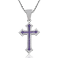 Hip hop cross pendant necklace with white zircons and purple center gemstones on rope chain - Stainless Steel Rope Chain / Silver Purple