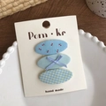 Three-piece handmade floral fabric hair clips in blue cherry and plaid patterns - Blue Cherry Plaid Bow Style / Blue Series
