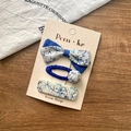 3-piece set floral fabric hair bow and navy elastic hair tie on a card for girls - Blue Floral Set