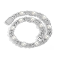 Lussuosa catena cubana da 15mm con diamanti incastonati e perle tonde bianche - Collana da 16 pollici (40cm) / Argento