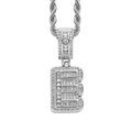 Close-up of hip hop silver letter E pendant with square cubic zirconia and rope chain - 3mm*60cm / E Silver + Stainless Steel Rope Chain