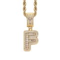 Close-up of golden letter F pendant with baguette-cut diamonds on a rope chain - 3mm*60cm / F Gold + Stainless Steel Rope Chain