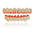 Hip hop style gold grillz set with white zircon stones and red flame pattern accents - Style 11 Set / Gold