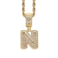 Detailed close-up of golden letter N pendant with baguette and round cut zircons - 3mm*60cm / N Gold + Stainless Steel Rope Chain