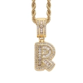 Detail of Hip Hop gold R letter pendant with iced out baguette cubic zirconia and rope chain - 3mm*60cm / R Gold + Stainless Steel Rope Chain