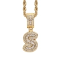 Detailed close-up of hip hop pendant letter S with square zircons on gold rope chain - 3mm*60cm / S Gold + Stainless Steel Rope Chain
