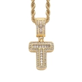 Close-up of hip hop golden T-shaped letter pendant with zircon stones and rope chain - 3mm*60cm / T Gold + Stainless Steel Rope Chain